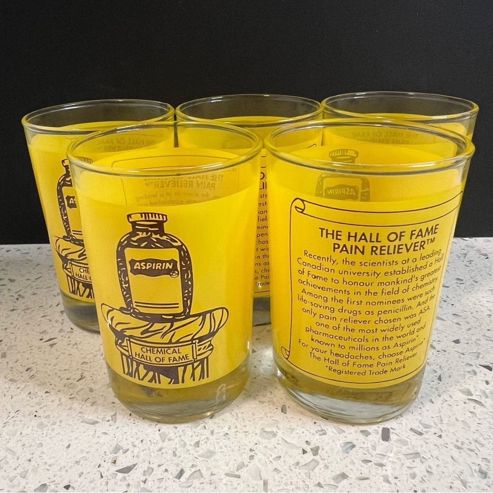 Vintage ASPIRIN XL Shot Glasses Set of 5 | Hall of Fame Pain Reliever | Exc Cond